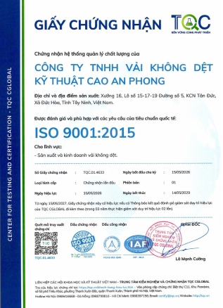 Chứng nhận ISO 9001:2015 của An Phong do TQC CGLOBAL cấp