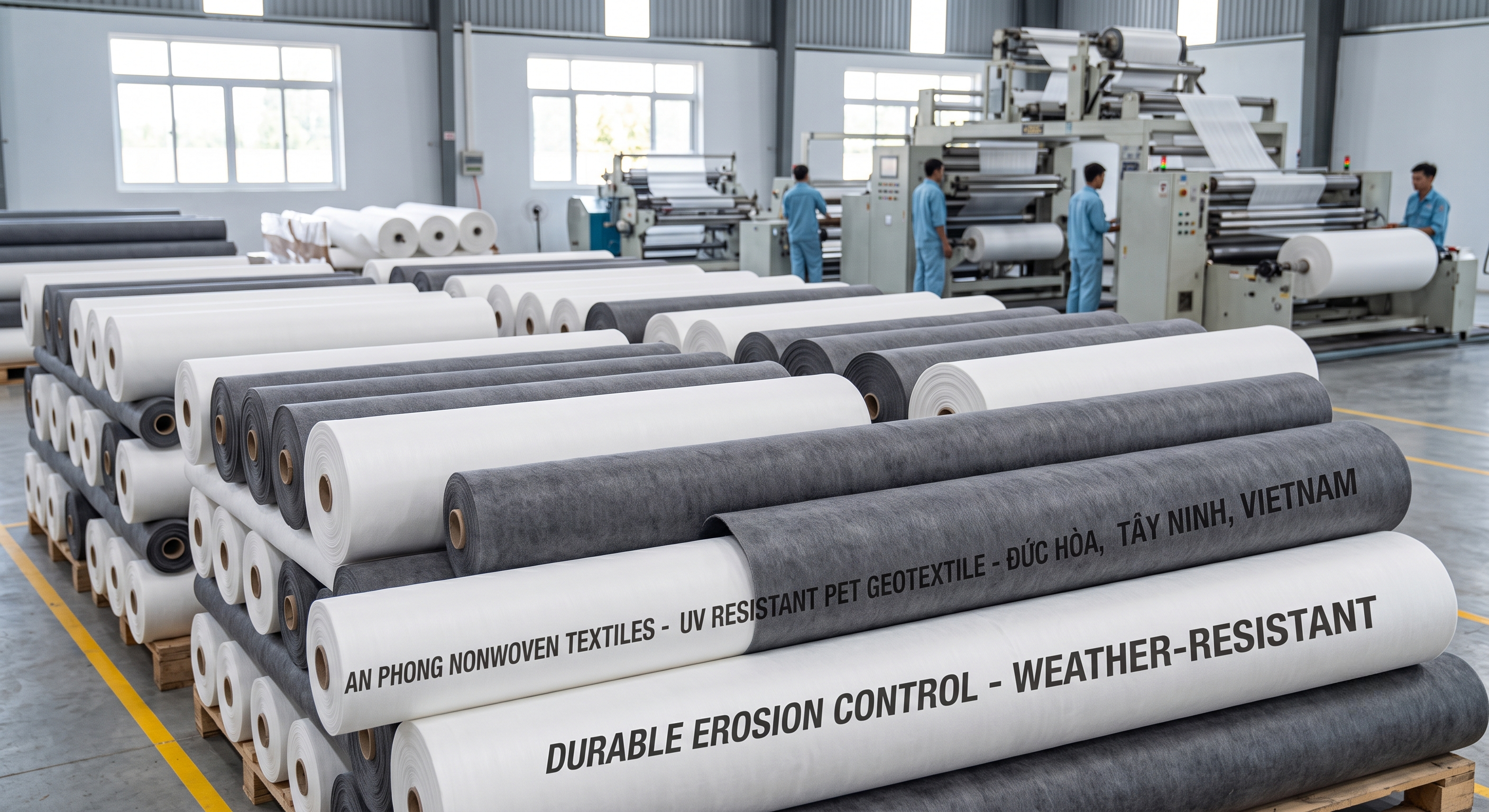 Cuộn vải không dệt PET (Polyester) thành phẩm tại nhà máy AN PHONG, Tây Ninh
