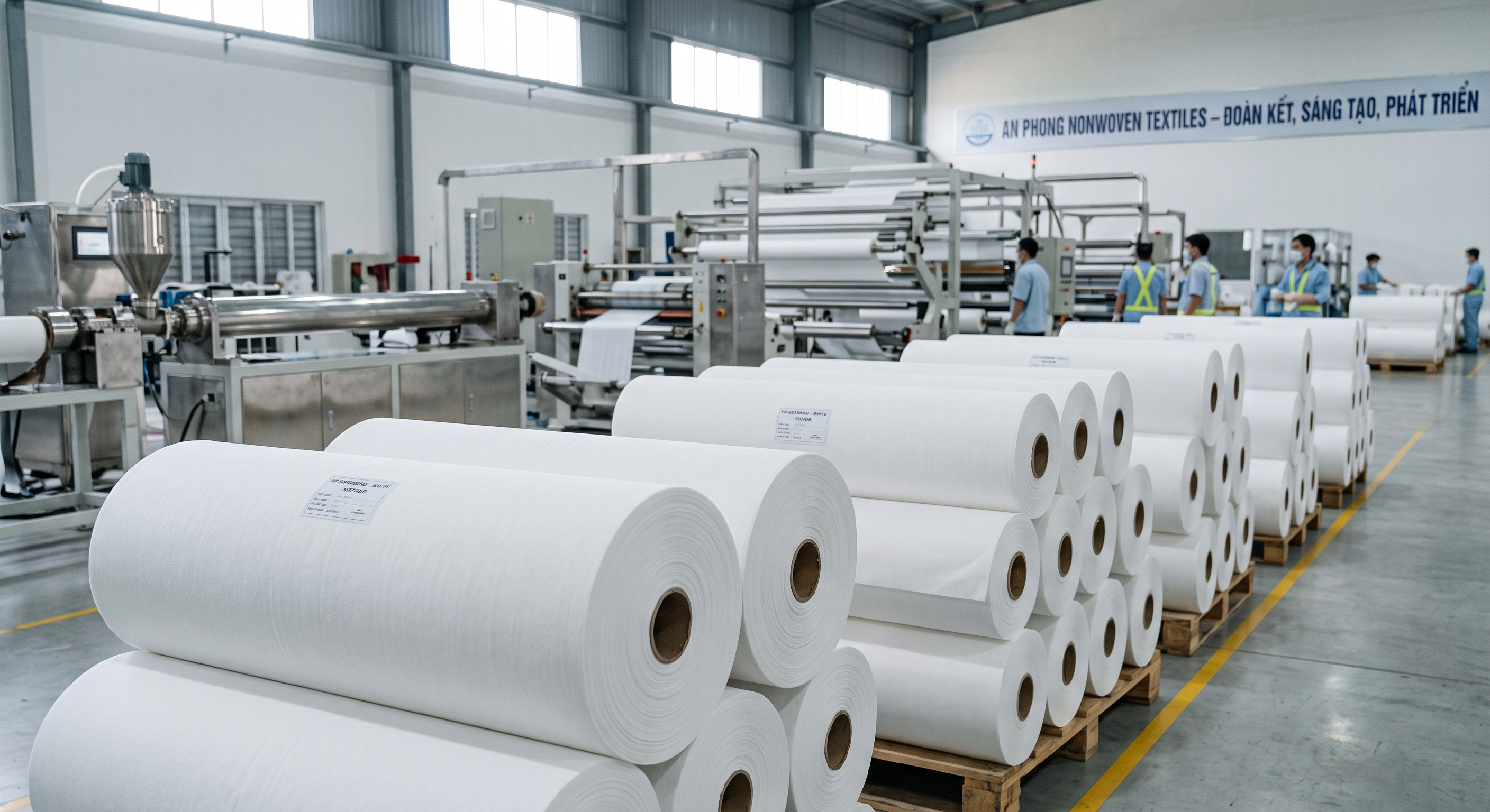 Vải không dệt PP Spunbond cuộn thành phẩm tại nhà máy AN PHONG, Tây Ninh