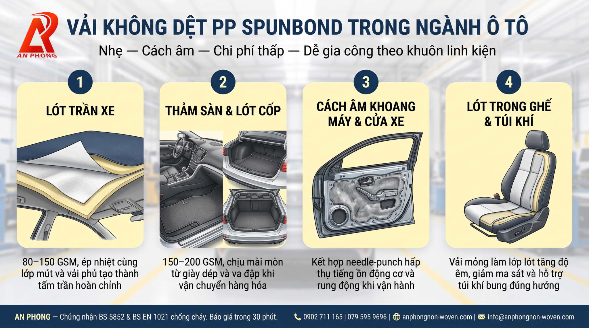 Vải không dệt PP Spunbond dùng làm lót trần, thảm sàn, cách âm ô tô