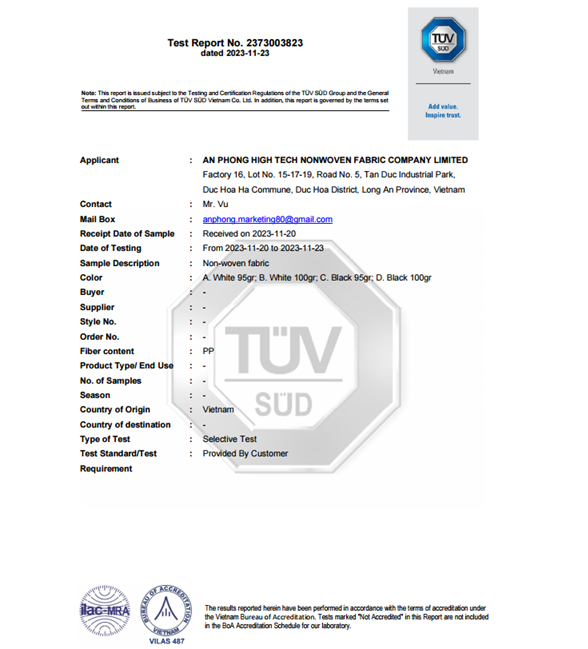 Báo cáo kiểm định độ cháy vải không dệt – TÜV SÜD (16 CFR 1610)