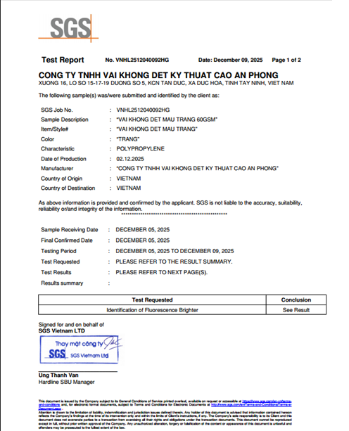 Đạt tiêu chuẩn kiểm nghiệm SGS số VNHL2512040092HG