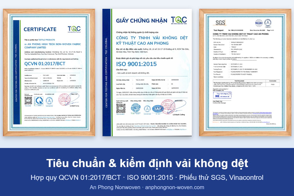 Chứng nhận hợp quy QCVN 01:2017/BCT, ISO 9001:2015 và phiếu thử nghiệm SGS của vải không dệt An Phong