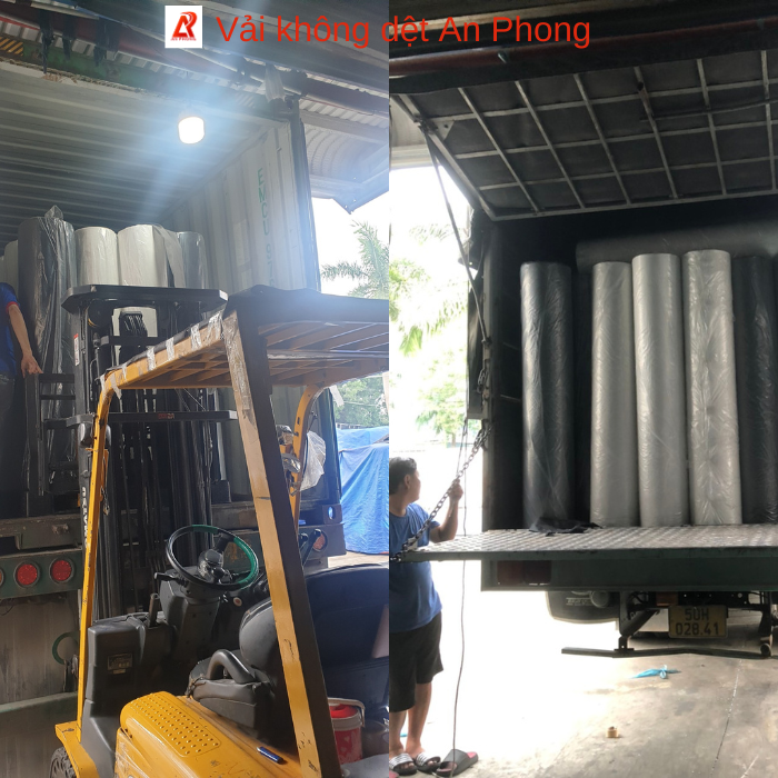 Xe nâng đưa cuộn vải không dệt lên xe giao hàng tại An Phong